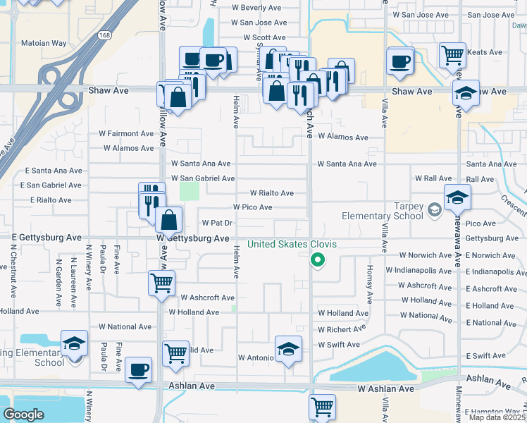 map of restaurants, bars, coffee shops, grocery stores, and more near 524 West Pico Avenue in Clovis