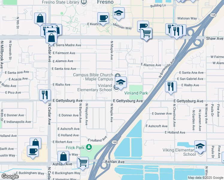 map of restaurants, bars, coffee shops, grocery stores, and more near 4666 North Maple Avenue in Fresno