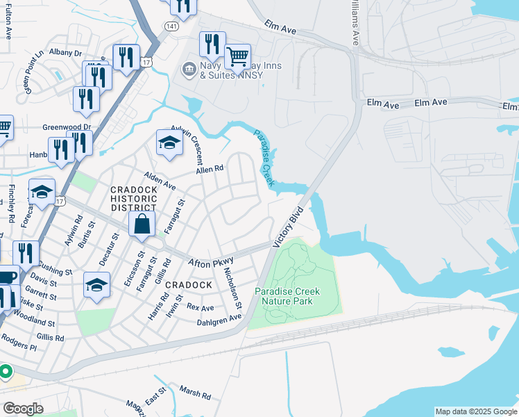 map of restaurants, bars, coffee shops, grocery stores, and more near 2 Cooper Drive in Portsmouth