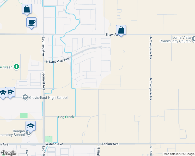 map of restaurants, bars, coffee shops, grocery stores, and more near 2605 Las Rosas Avenue in Clovis