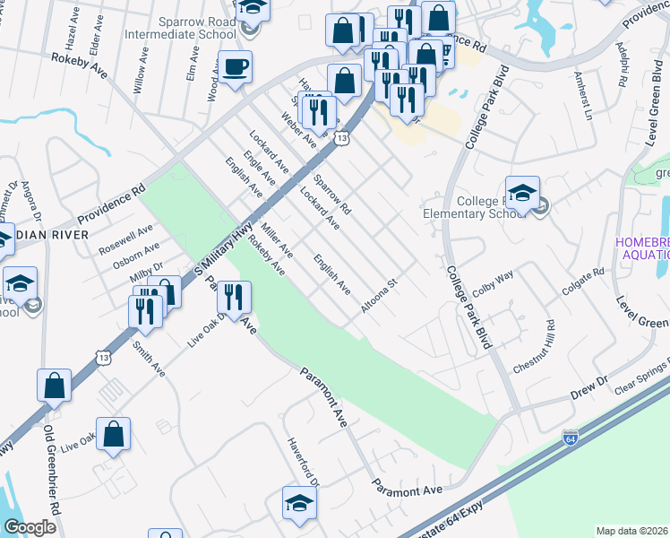 map of restaurants, bars, coffee shops, grocery stores, and more near 2044 English Avenue in Chesapeake
