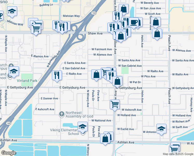 map of restaurants, bars, coffee shops, grocery stores, and more near 936 West Pico Avenue in Clovis