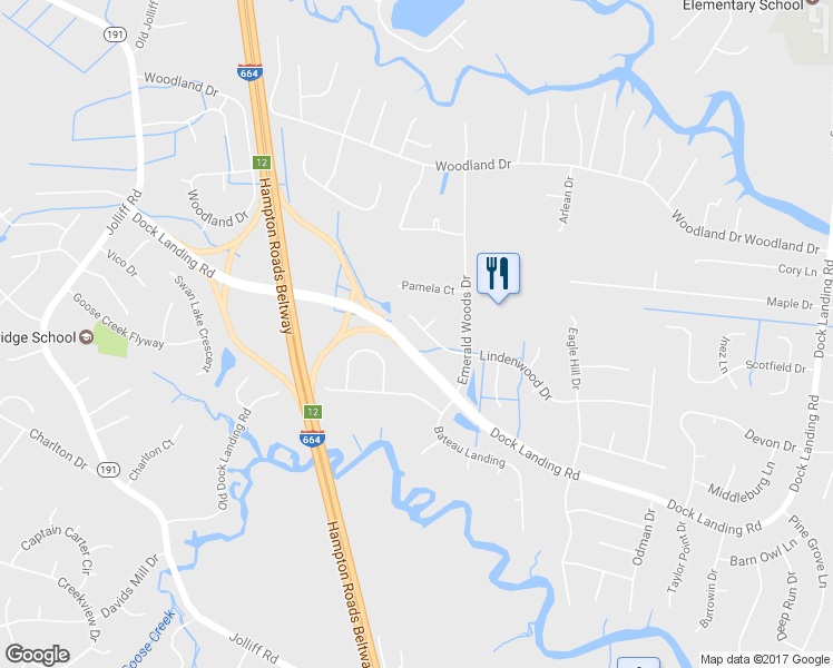 map of restaurants, bars, coffee shops, grocery stores, and more near 4311 Spincaster Lane in Chesapeake