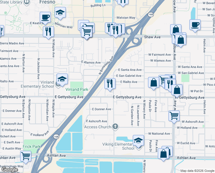 map of restaurants, bars, coffee shops, grocery stores, and more near 4780 East Rialto Avenue in Fresno