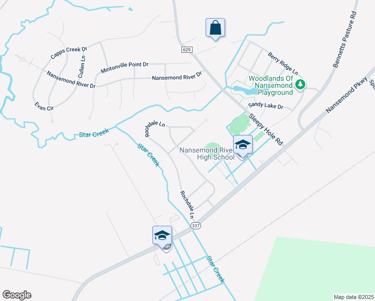 map of restaurants, bars, coffee shops, grocery stores, and more near 149 Kennet Drive in Suffolk