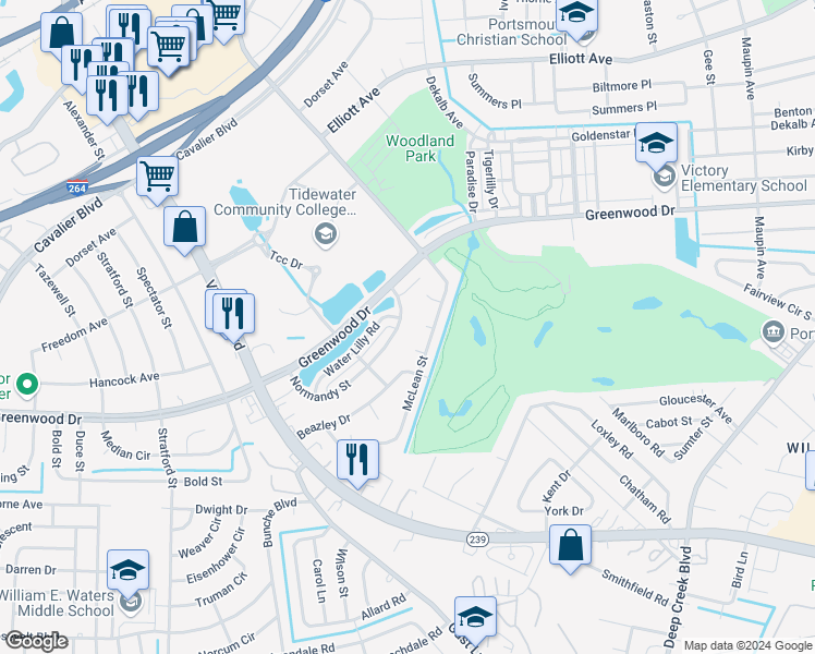 map of restaurants, bars, coffee shops, grocery stores, and more near 517 Normandy Street in Portsmouth