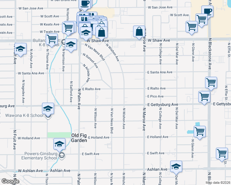 map of restaurants, bars, coffee shops, grocery stores, and more near 4674 North Van Ness Boulevard in Fresno