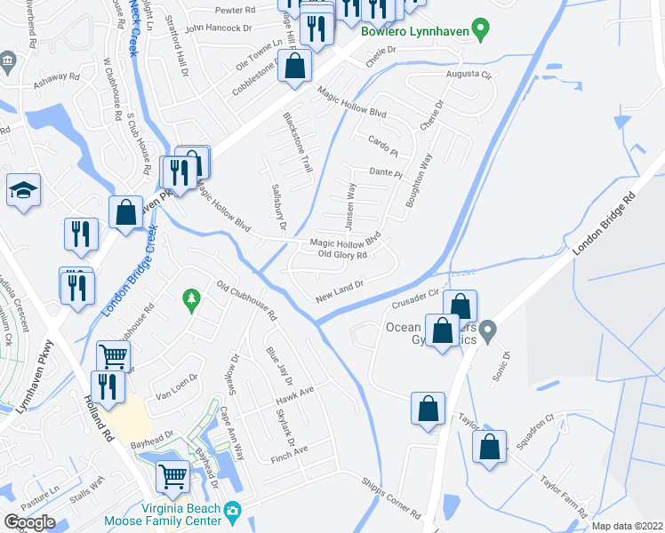 map of restaurants, bars, coffee shops, grocery stores, and more near 2942 Delaware Crossing in Virginia Beach