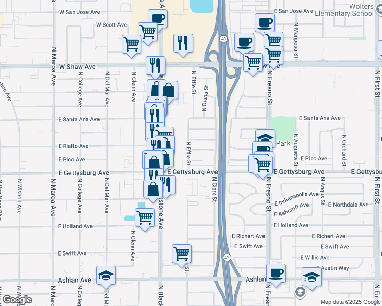 map of restaurants, bars, coffee shops, grocery stores, and more near 1904 East Portola Avenue in Fresno