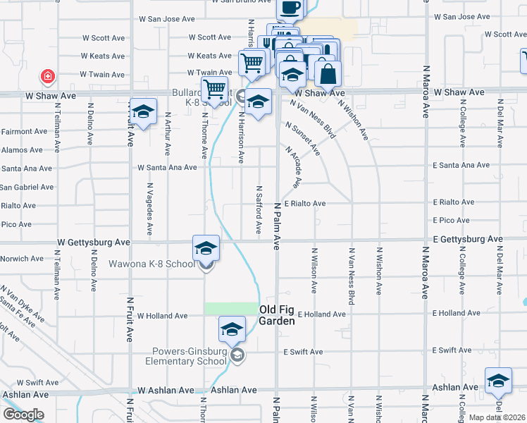 map of restaurants, bars, coffee shops, grocery stores, and more near 4678 North Safford Avenue in Fresno