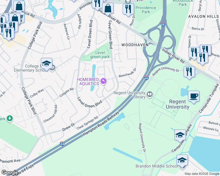 map of restaurants, bars, coffee shops, grocery stores, and more near in Virginia Beach