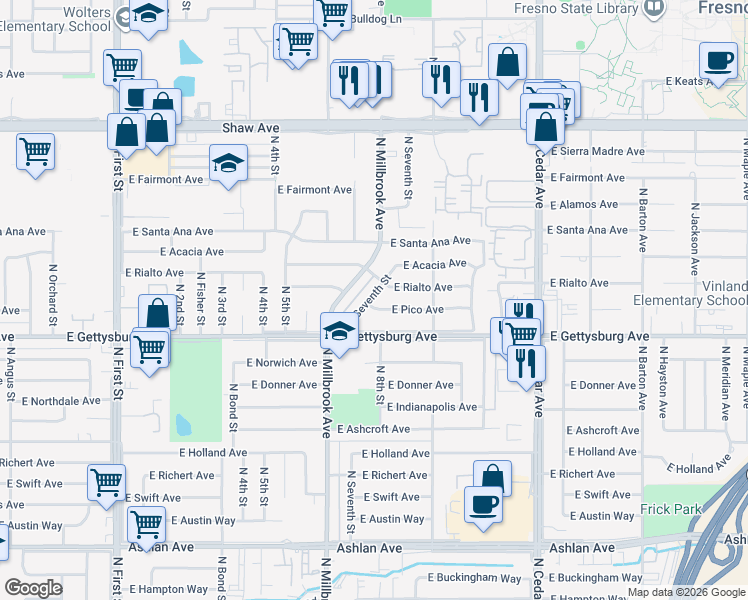 map of restaurants, bars, coffee shops, grocery stores, and more near 3767 East Pico Avenue in Fresno