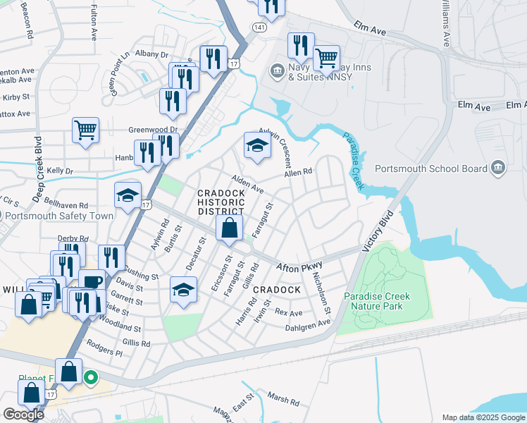 map of restaurants, bars, coffee shops, grocery stores, and more near 37 Farragut Street in Portsmouth