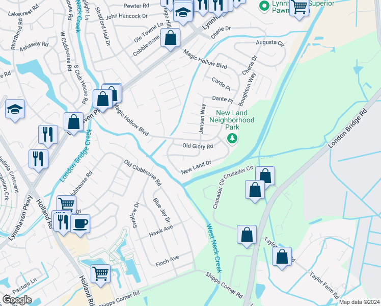 map of restaurants, bars, coffee shops, grocery stores, and more near 2944 Delaware Crossing in Virginia Beach