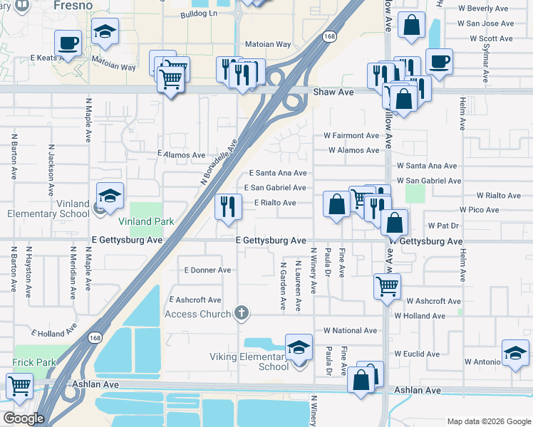 map of restaurants, bars, coffee shops, grocery stores, and more near 4841 East Pico Avenue in Fresno