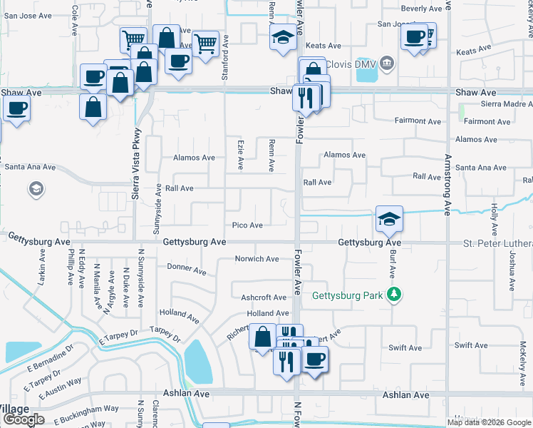 map of restaurants, bars, coffee shops, grocery stores, and more near 2613 Renn Avenue in Clovis