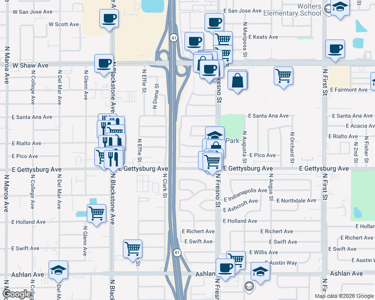 map of restaurants, bars, coffee shops, grocery stores, and more near 2234 East Rialto Avenue in Fresno