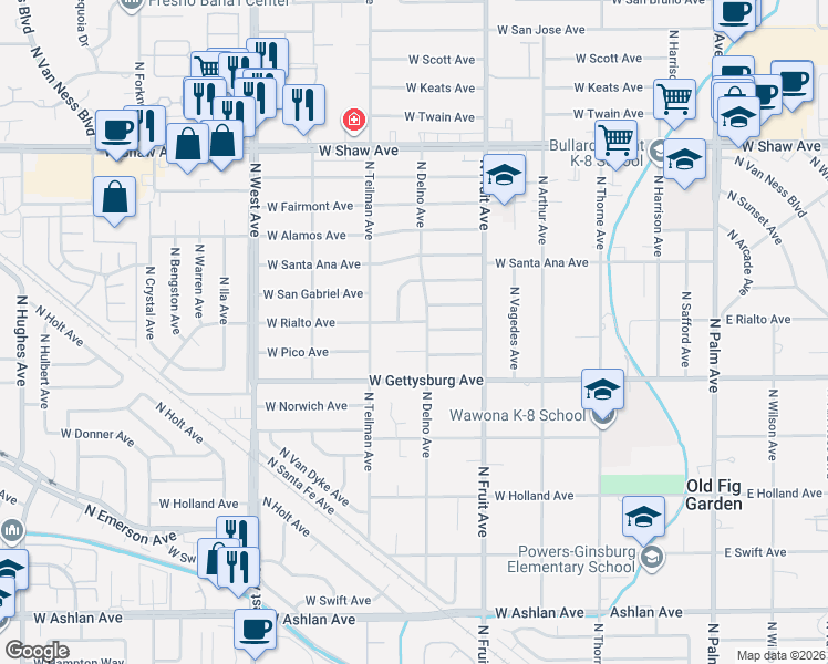 map of restaurants, bars, coffee shops, grocery stores, and more near 711 West Rialto Avenue in Fresno