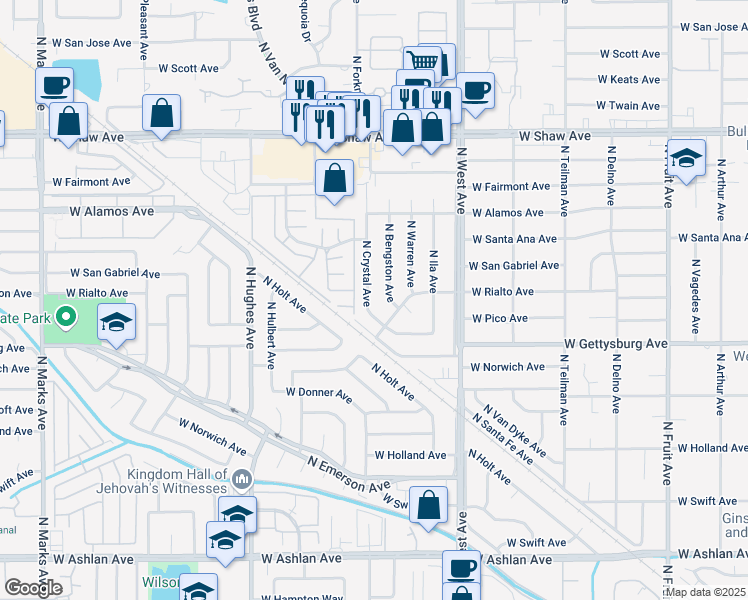 map of restaurants, bars, coffee shops, grocery stores, and more near 4679 North Crystal Avenue in Fresno