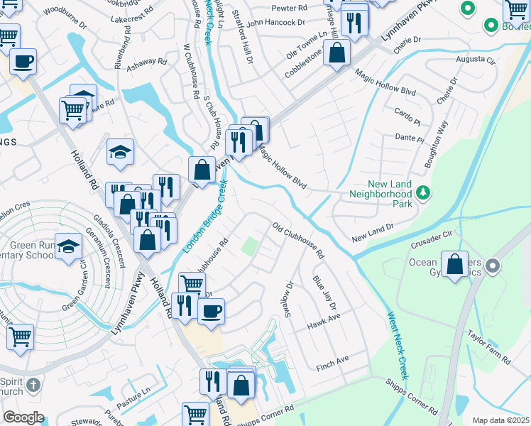 map of restaurants, bars, coffee shops, grocery stores, and more near 1163 Old Clubhouse Road in Virginia Beach