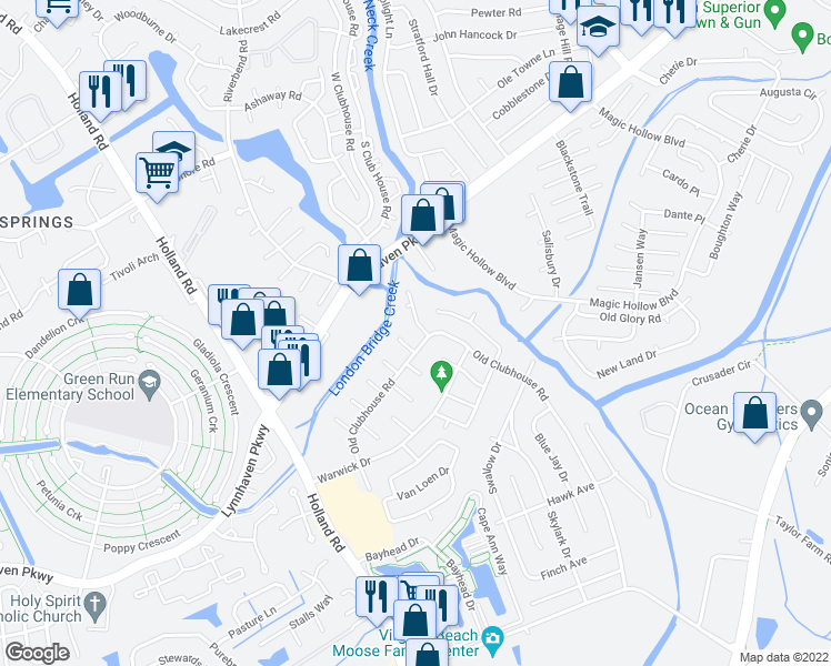 map of restaurants, bars, coffee shops, grocery stores, and more near 3201 Creekside Drive in Virginia Beach