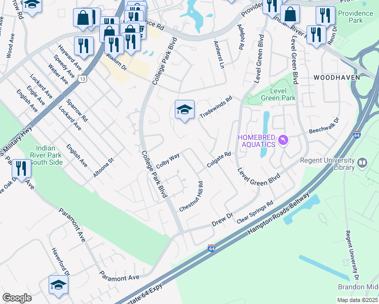 map of restaurants, bars, coffee shops, grocery stores, and more near in Virginia Beach