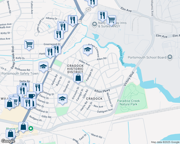 map of restaurants, bars, coffee shops, grocery stores, and more near 37 Farragut Street in Portsmouth