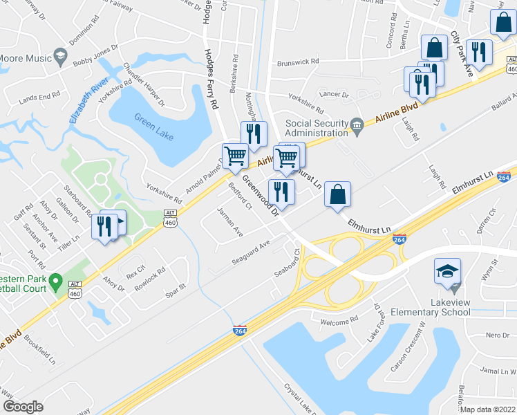 map of restaurants, bars, coffee shops, grocery stores, and more near 207 Bedford Court in Portsmouth