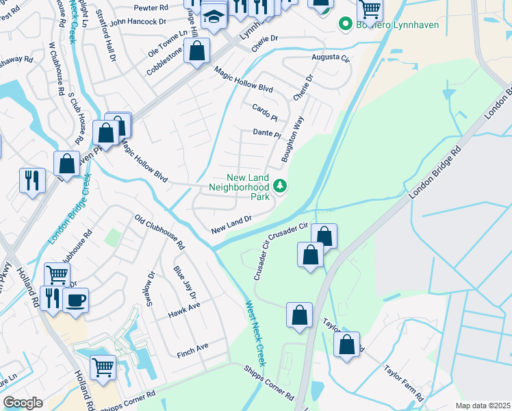 map of restaurants, bars, coffee shops, grocery stores, and more near 1107 Monitor Court in Virginia Beach