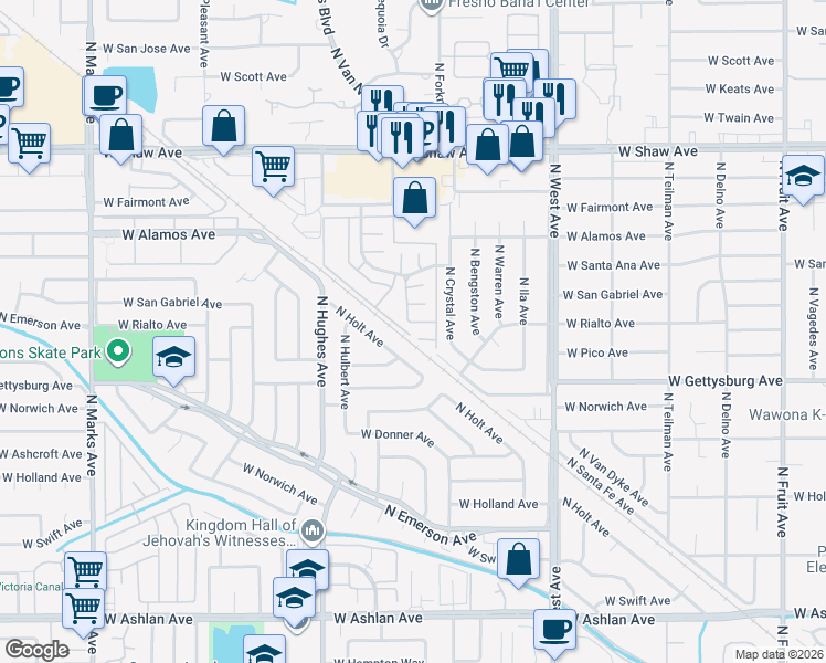 map of restaurants, bars, coffee shops, grocery stores, and more near 1835 West Santa Ana Avenue in Fresno