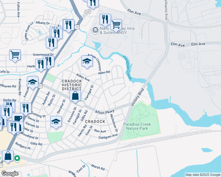 map of restaurants, bars, coffee shops, grocery stores, and more near 24 Harris Road in Portsmouth