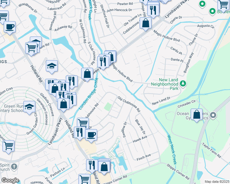 map of restaurants, bars, coffee shops, grocery stores, and more near 1163 Old Clubhouse Road in Virginia Beach