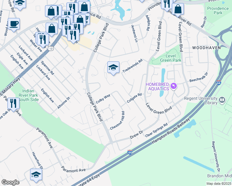 map of restaurants, bars, coffee shops, grocery stores, and more near in Virginia Beach