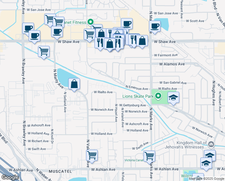 map of restaurants, bars, coffee shops, grocery stores, and more near 3242 West Rialto Avenue in Fresno