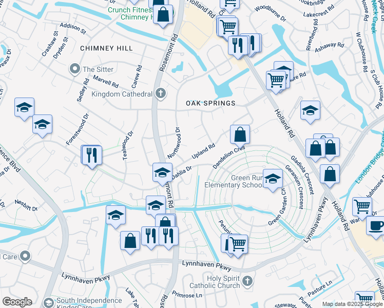 map of restaurants, bars, coffee shops, grocery stores, and more near 3756 Upland Road in Virginia Beach