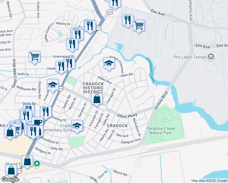 map of restaurants, bars, coffee shops, grocery stores, and more near 28 Farragut Street in Portsmouth