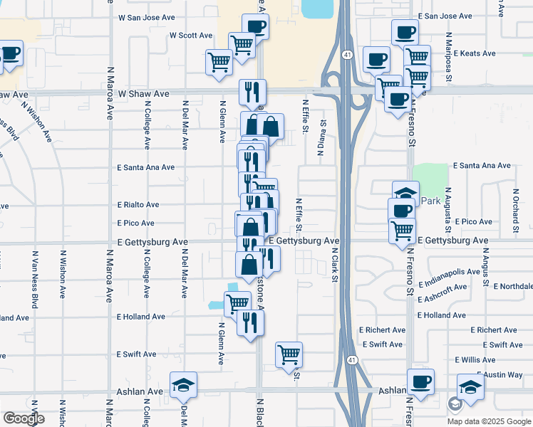 map of restaurants, bars, coffee shops, grocery stores, and more near 4676 North Blackstone Avenue in Fresno