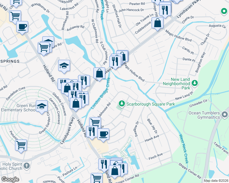 map of restaurants, bars, coffee shops, grocery stores, and more near 3201 Creekside Drive in Virginia Beach