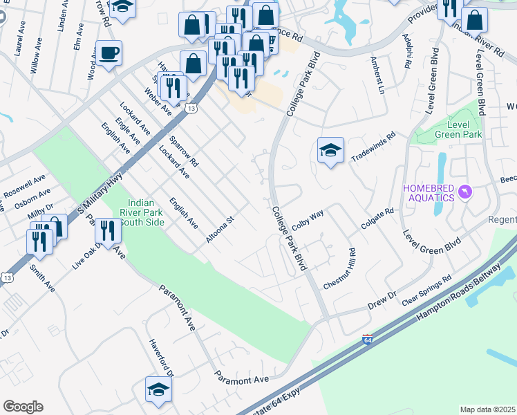 map of restaurants, bars, coffee shops, grocery stores, and more near 2204 Weber Avenue in Chesapeake