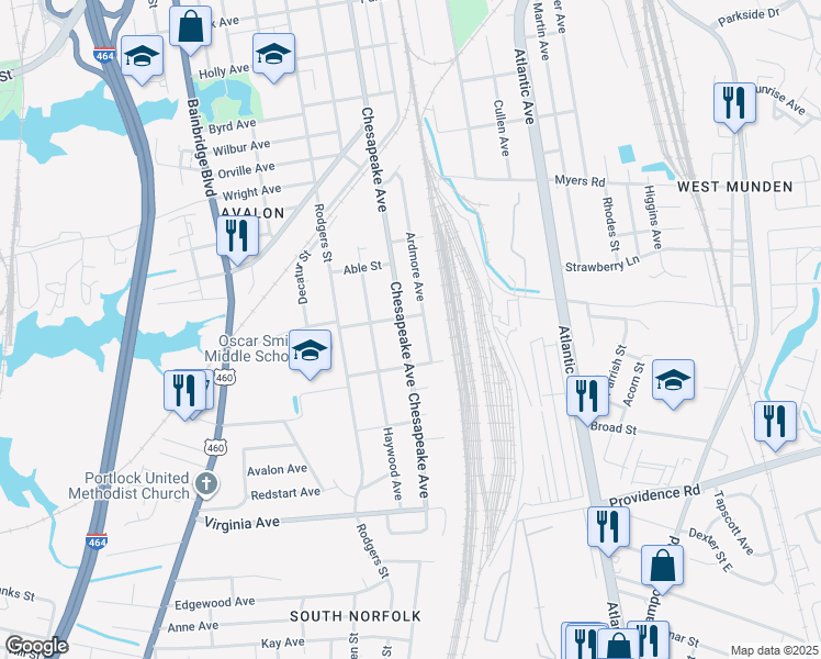 map of restaurants, bars, coffee shops, grocery stores, and more near 2309 Chesapeake Avenue in Chesapeake