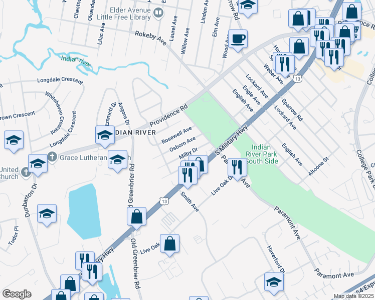 map of restaurants, bars, coffee shops, grocery stores, and more near 732 Milby Drive in Chesapeake