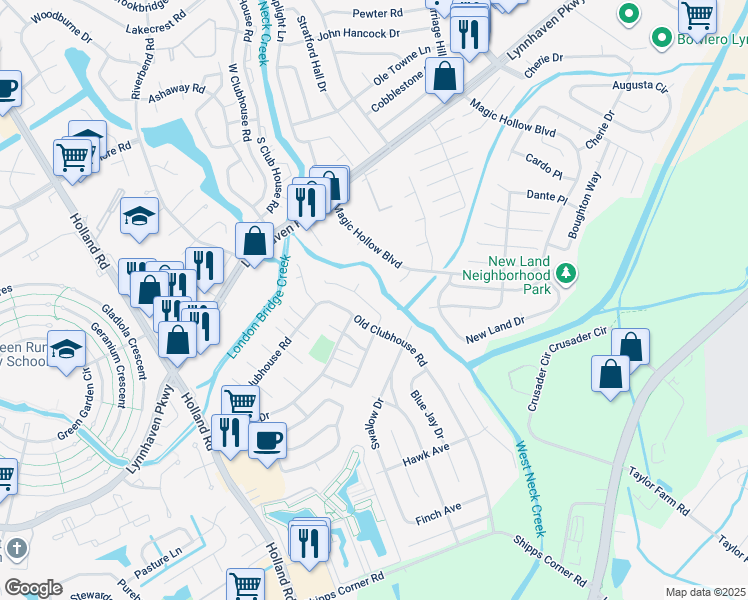 map of restaurants, bars, coffee shops, grocery stores, and more near 3236 Scarborough Way in Virginia Beach