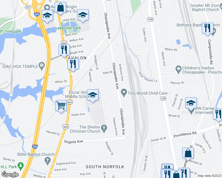 map of restaurants, bars, coffee shops, grocery stores, and more near 1302 Jerome Street in Chesapeake