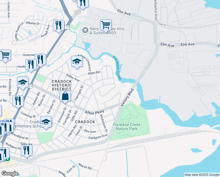 map of restaurants, bars, coffee shops, grocery stores, and more near 19 Cooper Dr in Portsmouth