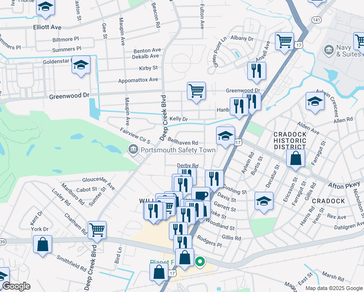 map of restaurants, bars, coffee shops, grocery stores, and more near 205 Bellhaven Road in Portsmouth