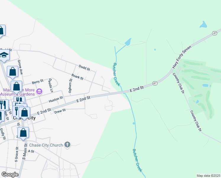 map of restaurants, bars, coffee shops, grocery stores, and more near 1099 Roark Street in Chase City