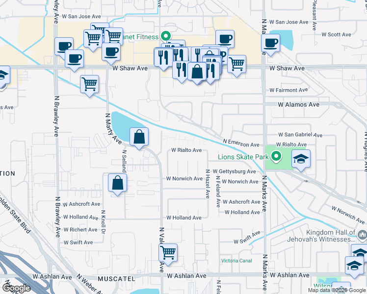 map of restaurants, bars, coffee shops, grocery stores, and more near 3314 West Rialto Avenue in Fresno
