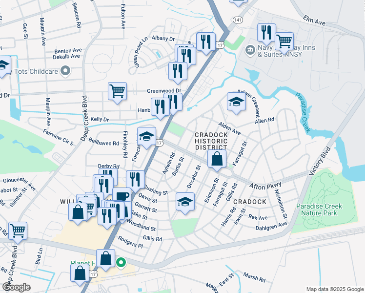 map of restaurants, bars, coffee shops, grocery stores, and more near 17 Afton Parkway in Portsmouth