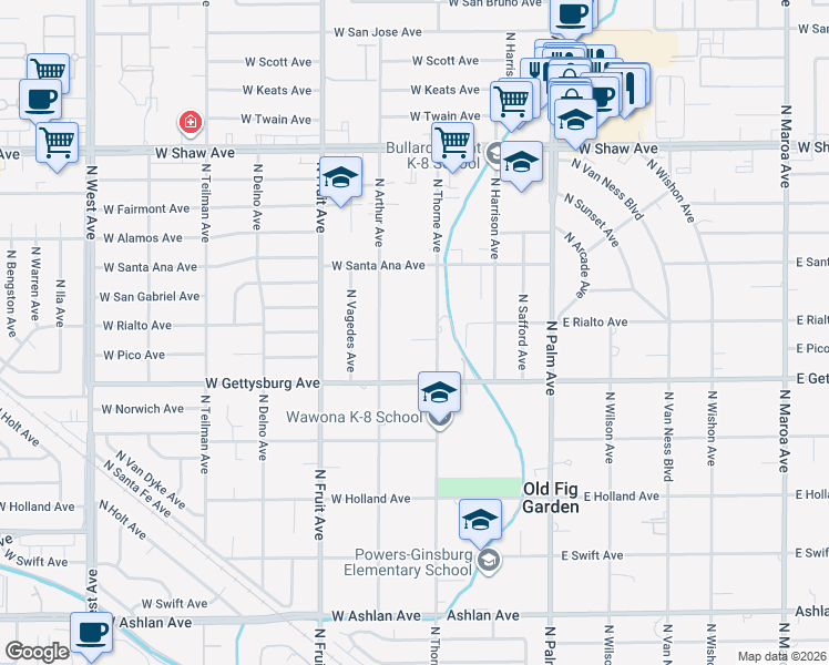 map of restaurants, bars, coffee shops, grocery stores, and more near 4685 North Thorne Avenue in Fresno