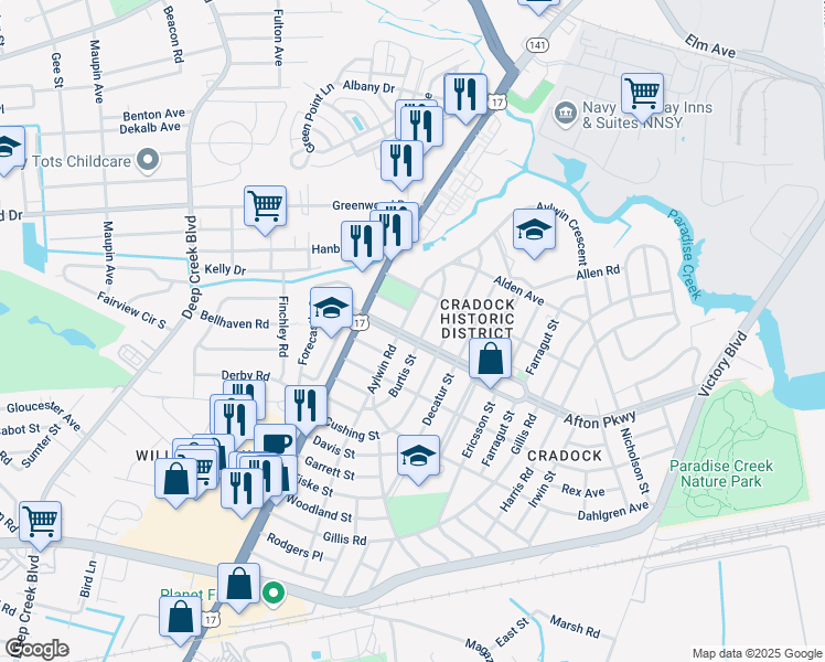 map of restaurants, bars, coffee shops, grocery stores, and more near 17 Afton Parkway in Portsmouth